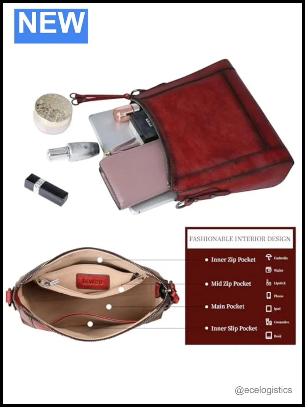 Genuine Leather Crossbody Bag for Women - Adjustable Strap, Hobo Purse with